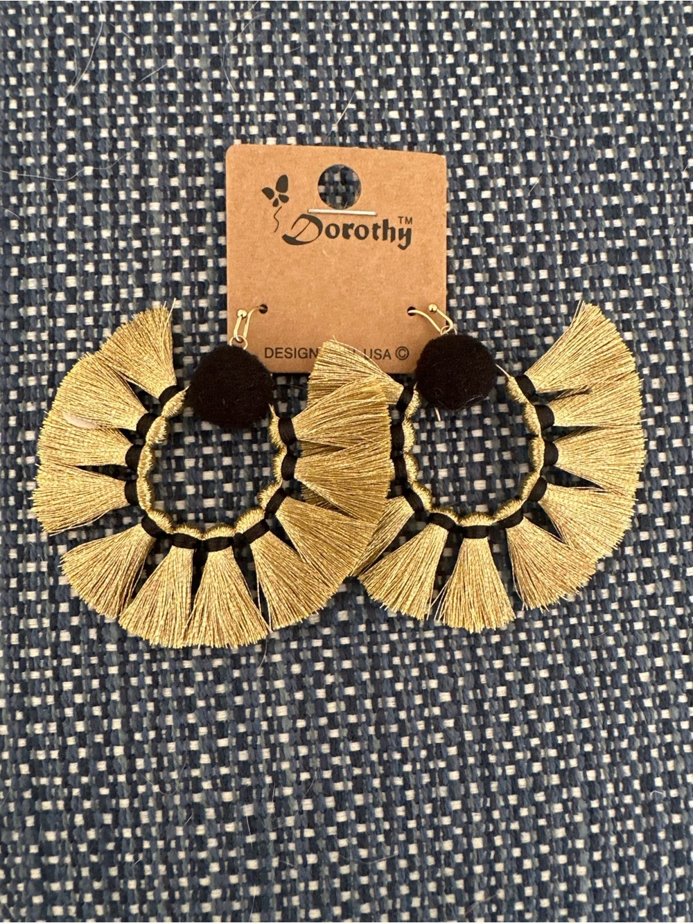 Gold Fringe Hoop Earrings with Pom Pom Accents